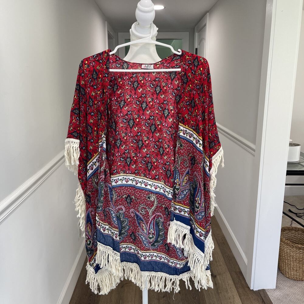 Lulla Fringe Kimono Cardigan Cover Up Boho Indya Red Floral FLAW